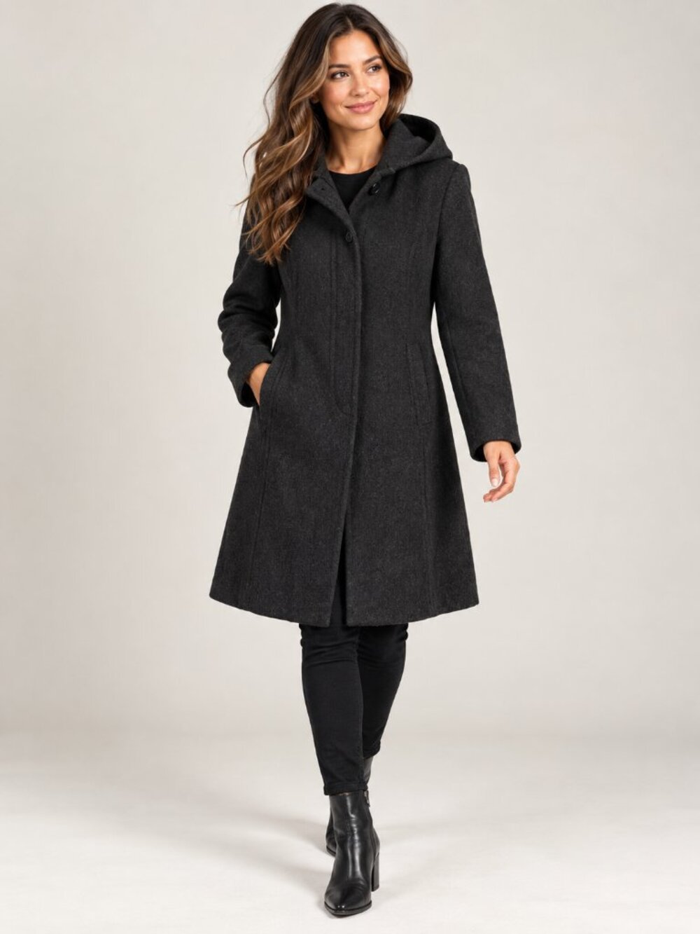 Larry Levine 100% Wool Hooded Coat Black Quilted Lining Size 6